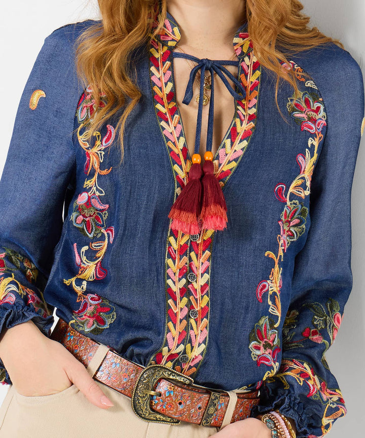 Festival Fun Embroidered Top Blue