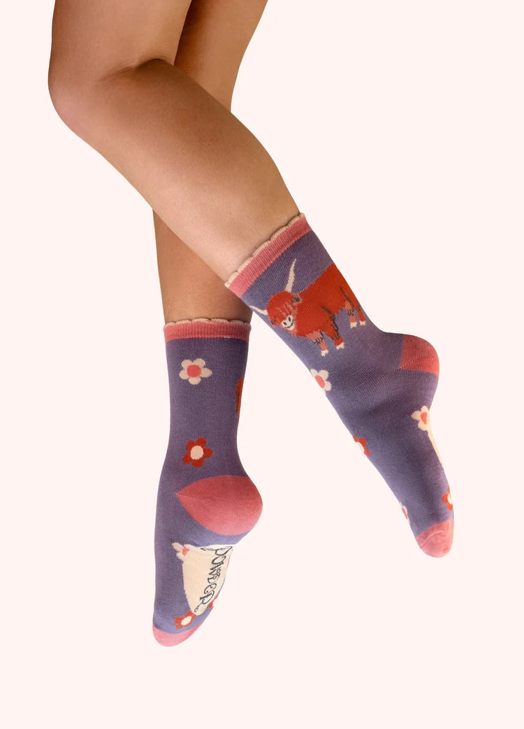 Powder Highland Cow Ankle Socks | Purple