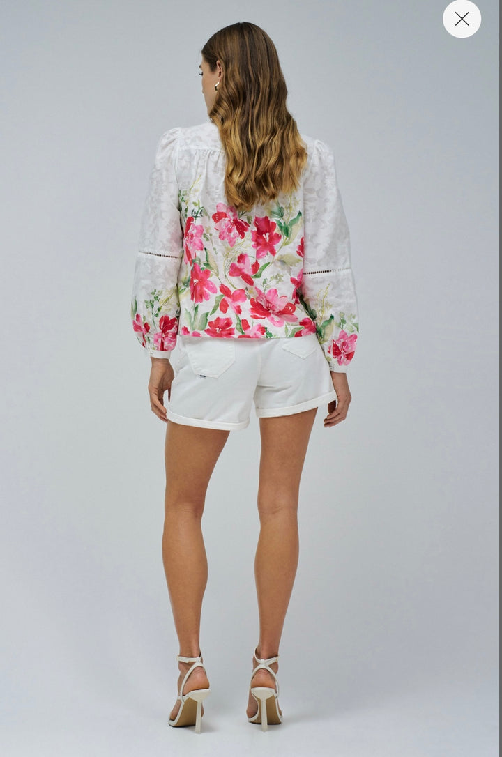 Salsa White Blouse Pink & Green Floral Print