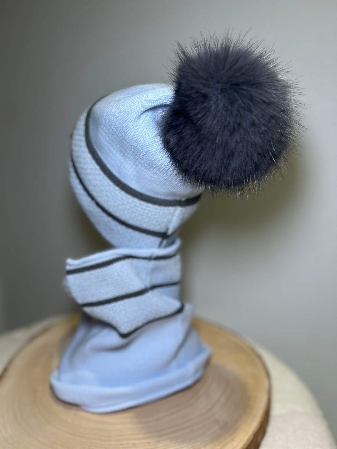 Perfect Hat and Snood Set – Soft Blue & Charcoal Stripes