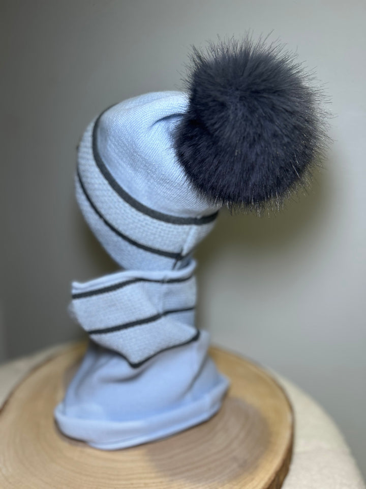 Perfect Hat and Snood Set – Soft Blue & Charcoal Stripes