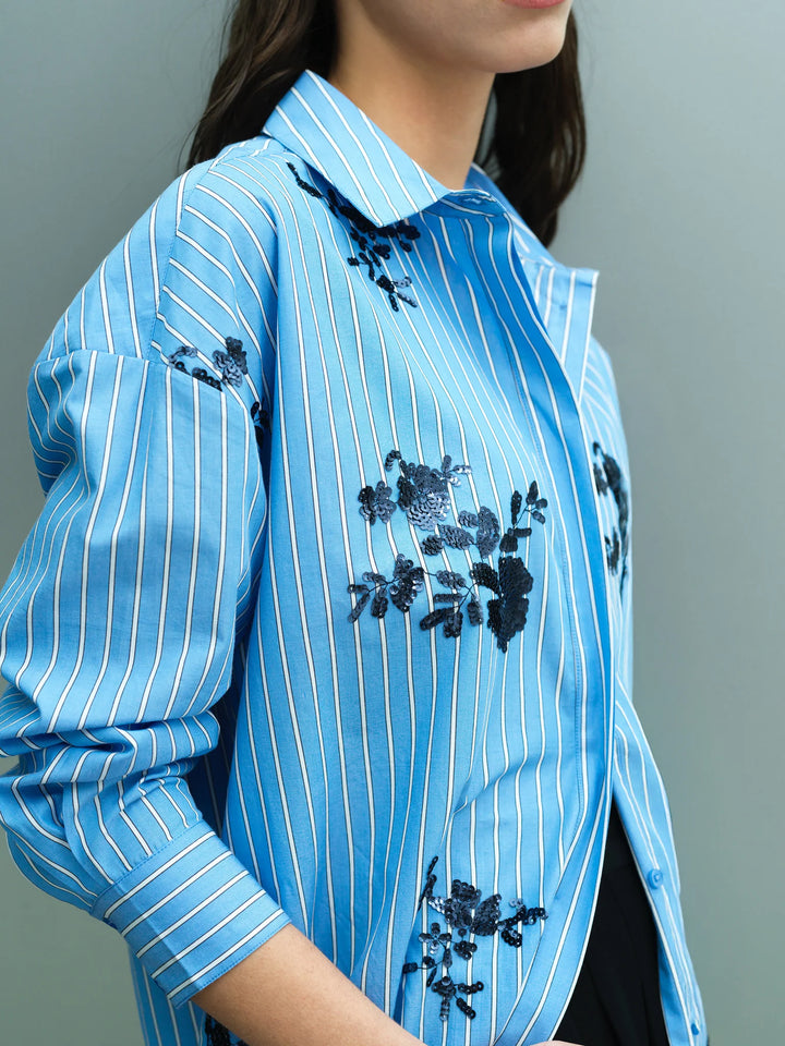 French Connection Cambria Blue Striped Floral Sequin Embroidered Shirt