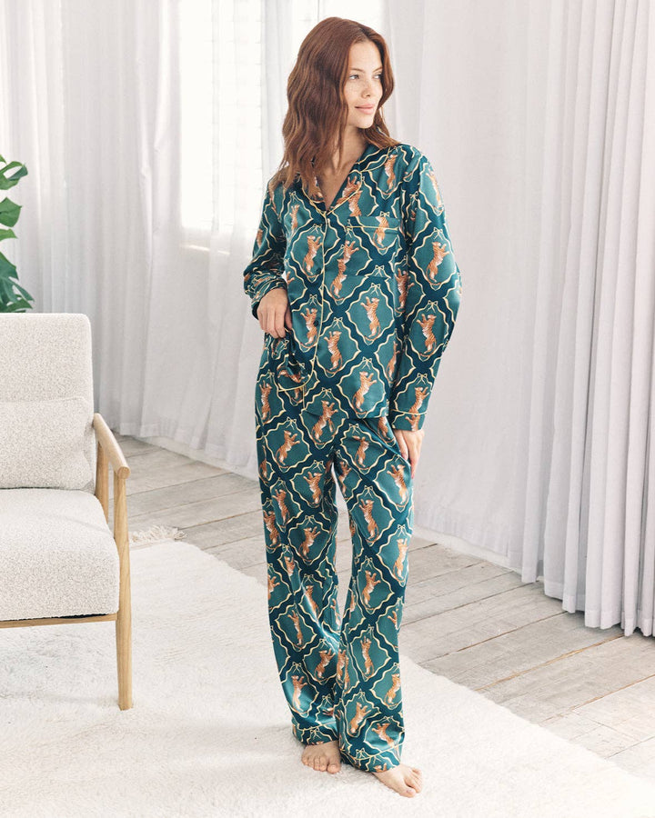 Satin Gilded Tiger Print Long Pyjama Set: UK 14