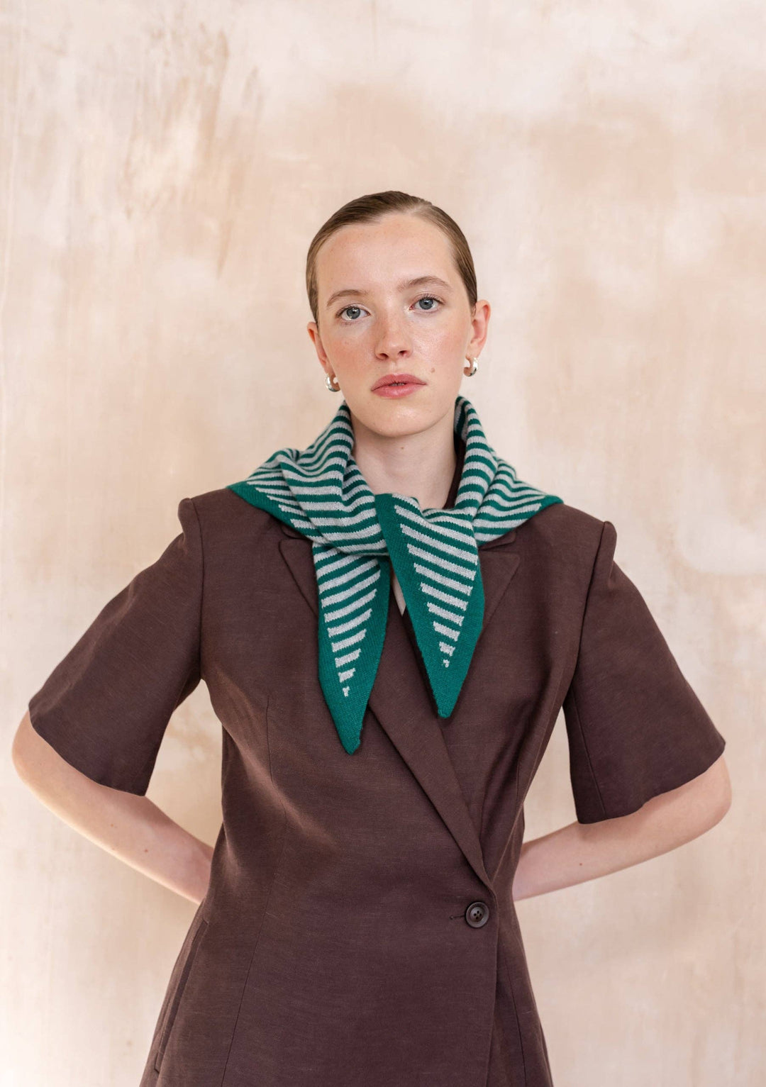 Merino Wool Triangle Scarf in Green &amp; Charcoal Stripe
