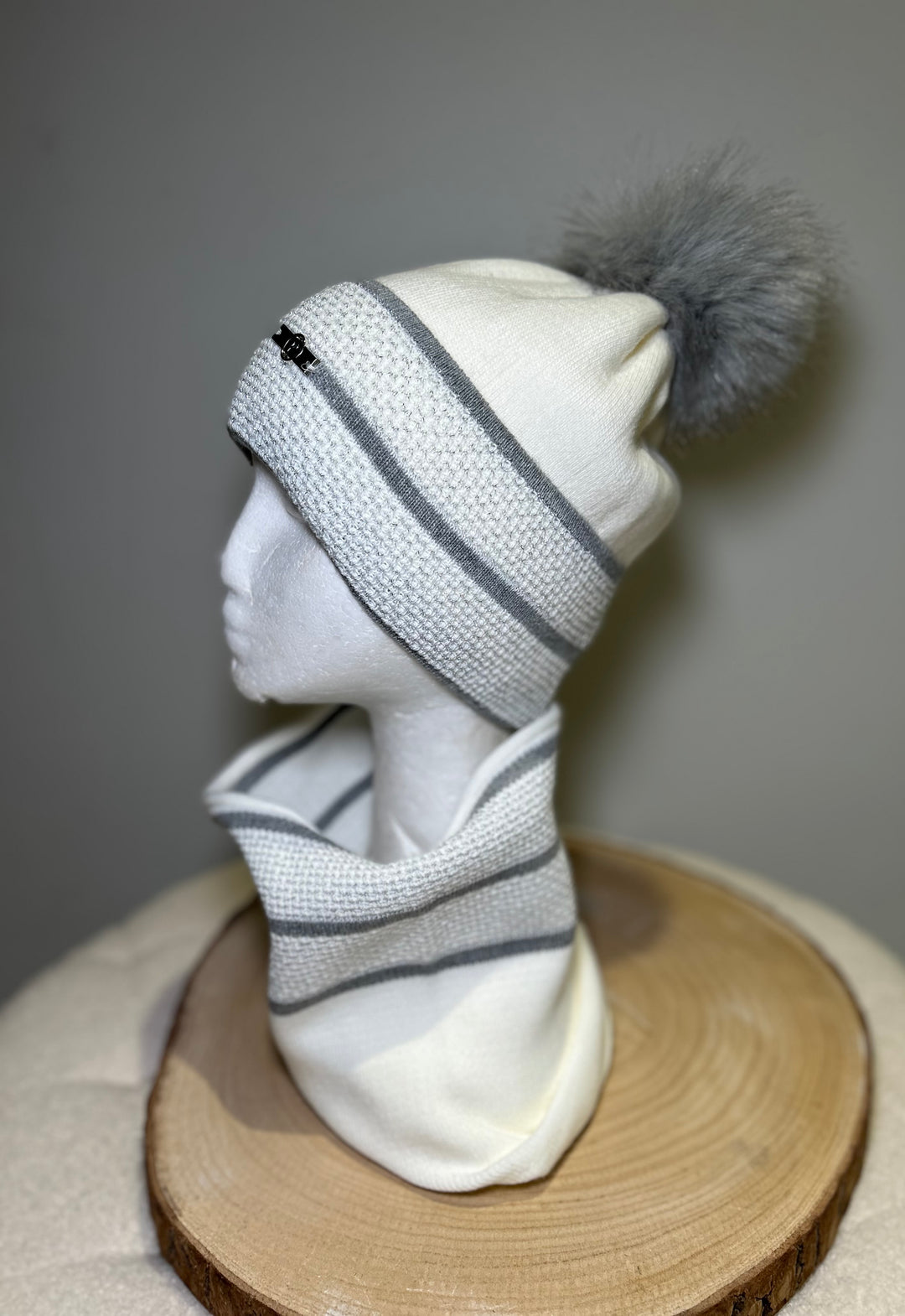 Perfect Hat & Snood Set – Winter White with Silver Grey Trim