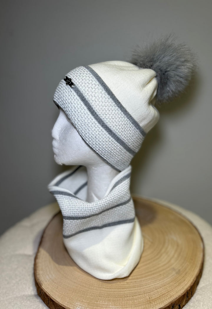 Perfect Hat & Snood Set – Winter White with Silver Grey Trim