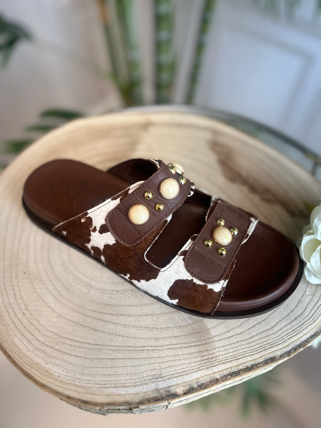 S.Piero White Leather Pony Cow Brown Sandal