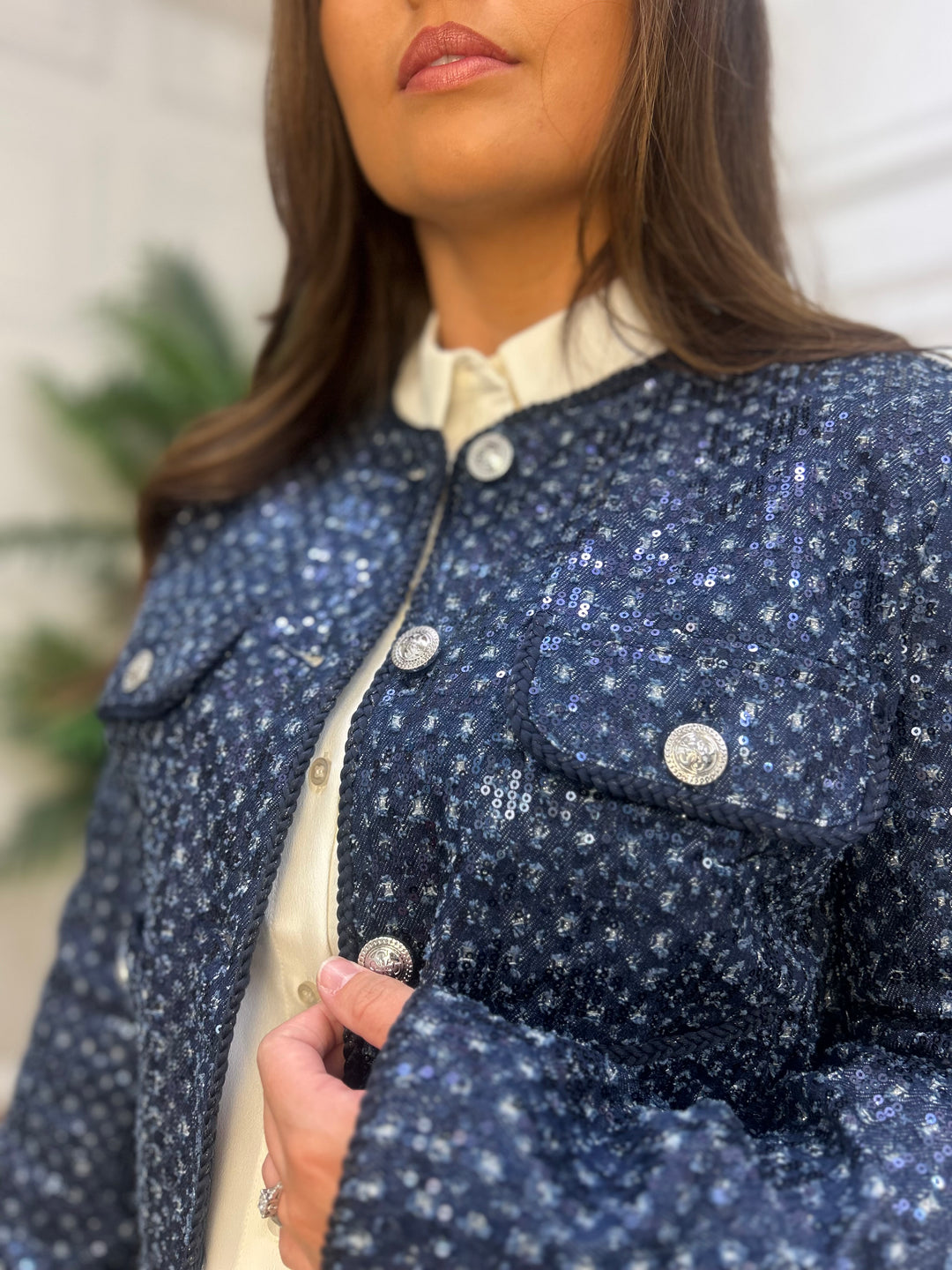Guess Navy Sparkle Cropped Jacket