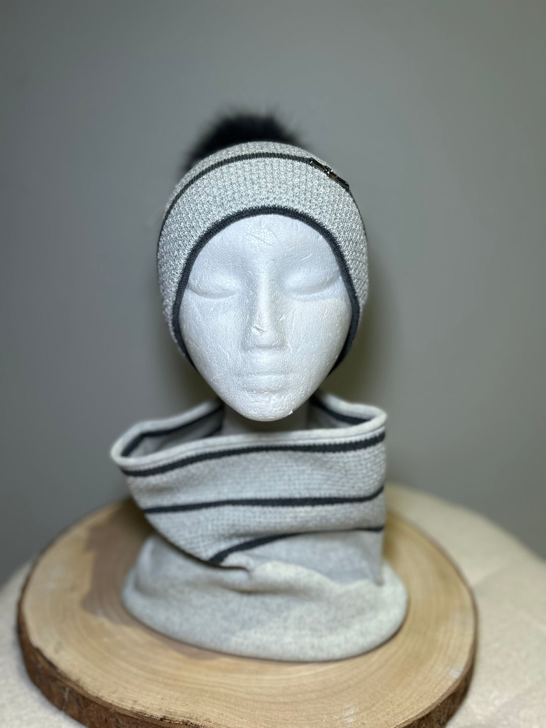Perfect Hat and Snood Set – Grey with Charcoal Stripes