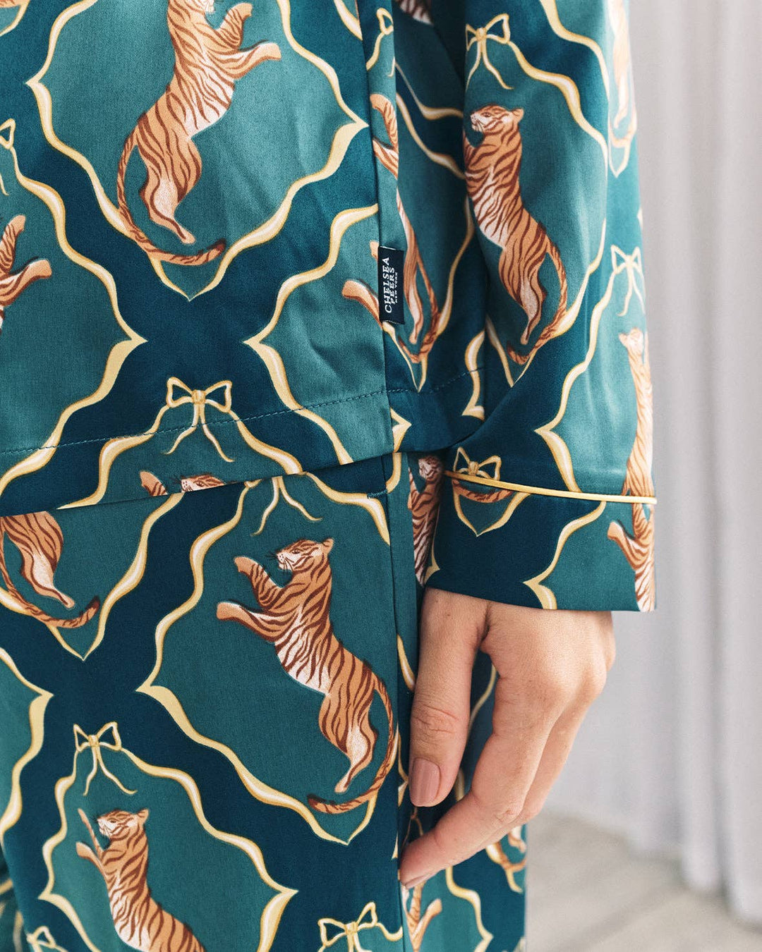 Satin Gilded Tiger Print Long Pyjama Set: UK 8