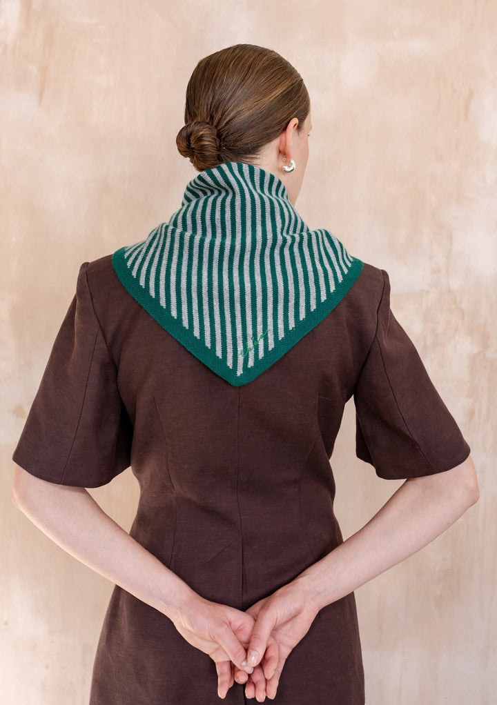 Merino Wool Triangle Scarf in Green &amp; Charcoal Stripe