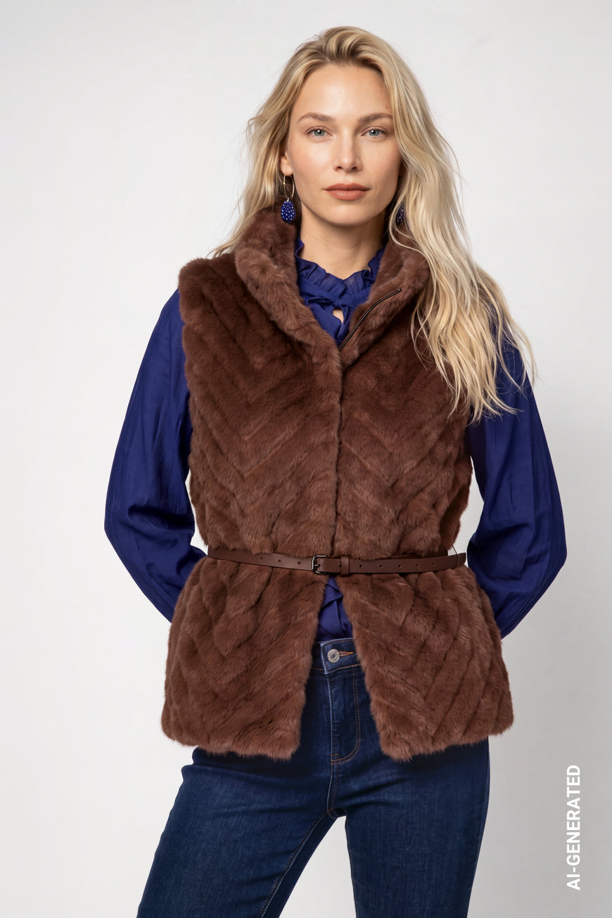 Monari Faux Fur Belted Waist Coat | Dark Tiramisu