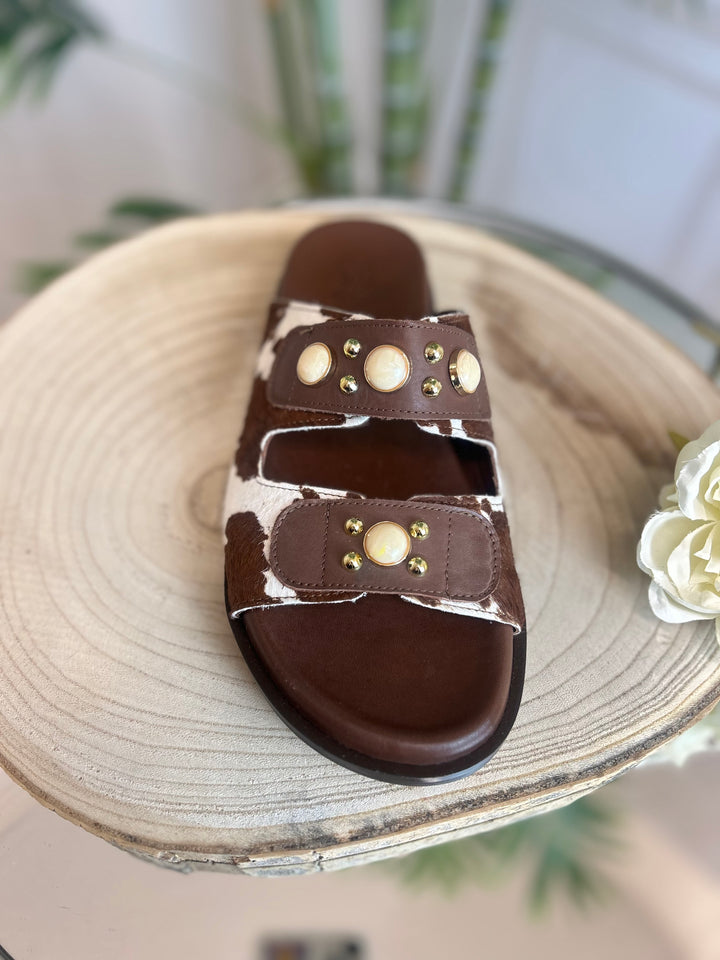 S.Piero White Leather Pony Cow Brown Sandal