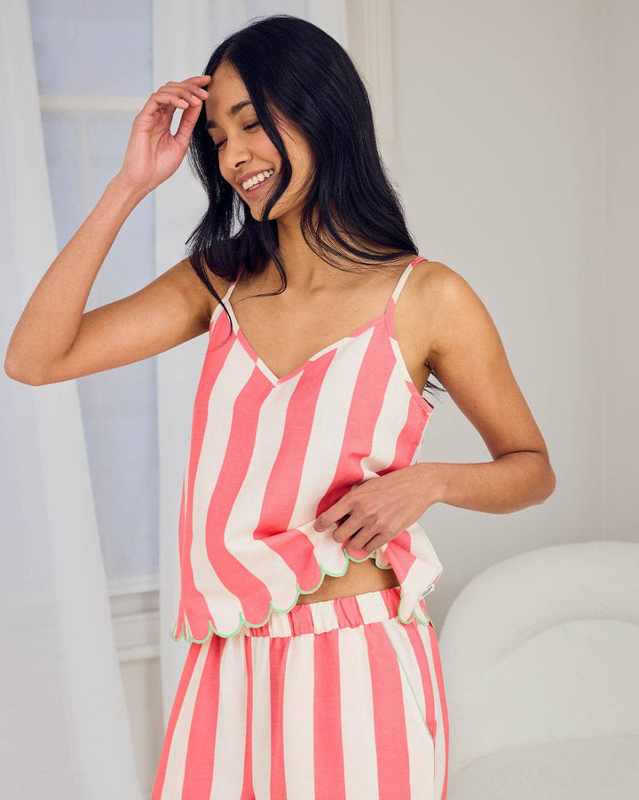 Linen Blend Scallop Edge Stripe Long Pyjama Set