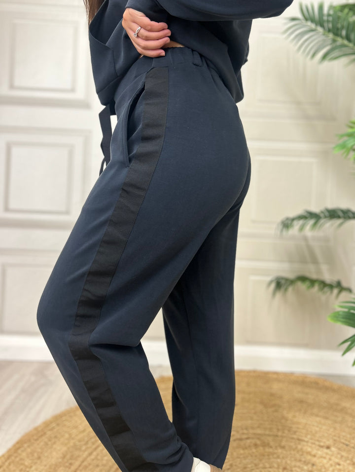 French Connection Wren Side Trim Tie Waist Trousers Black/Blue