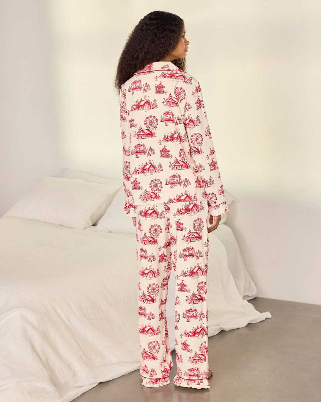 Chelsea Peers Organic Cotton Christmas Village Print Long Pyjama Set