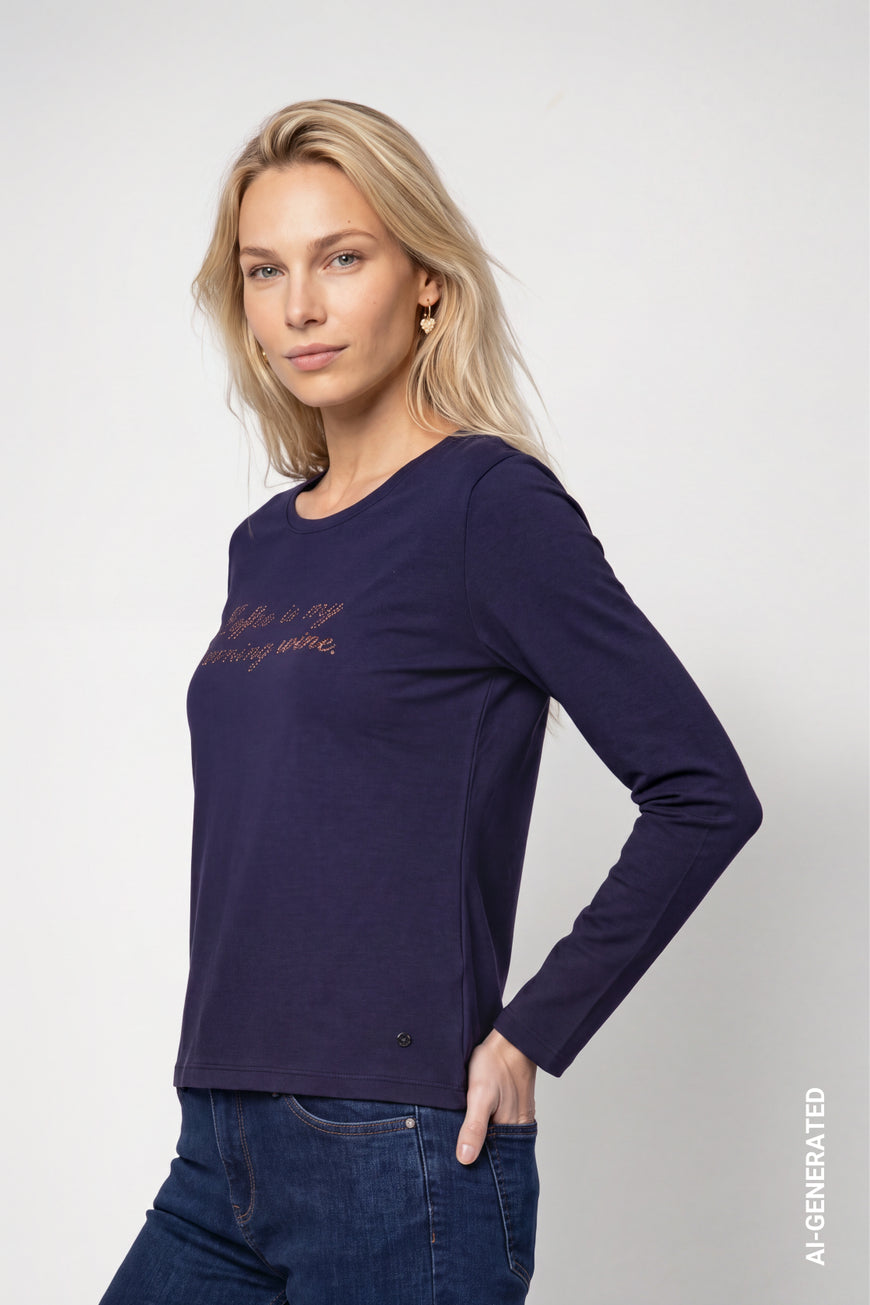 Monari Long Sleeve Rhinestone Lettering Top | Dark Blue