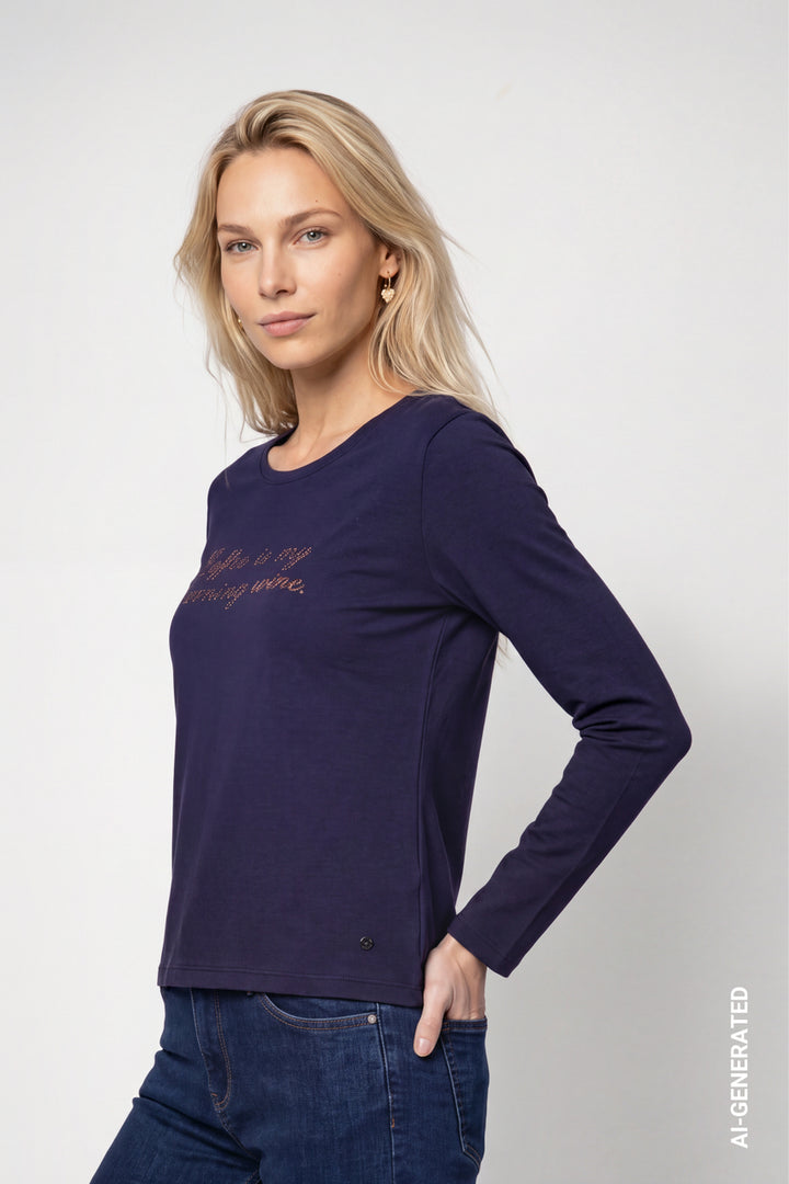 Monari Long Sleeve Rhinestone Lettering Top | Dark Blue