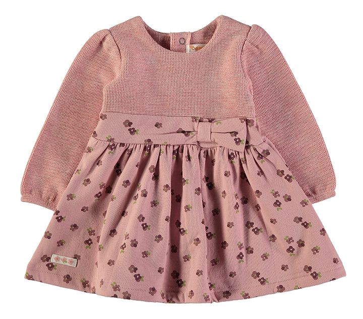 Babybol Baby Girl Long Sleeve Knit &amp; Floral Bow Dress | Dusky Pink