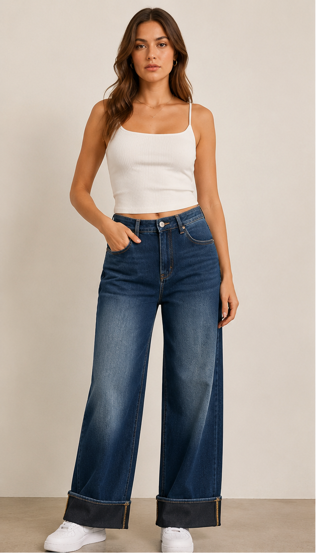 Pinns Indigo Wide Leg Turn Up Jeans | 792CT
