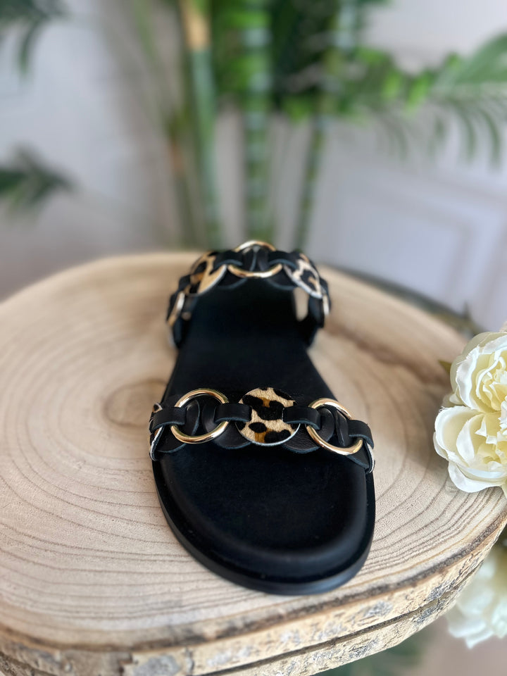 S.Piero Black Pony Leopard Sandal