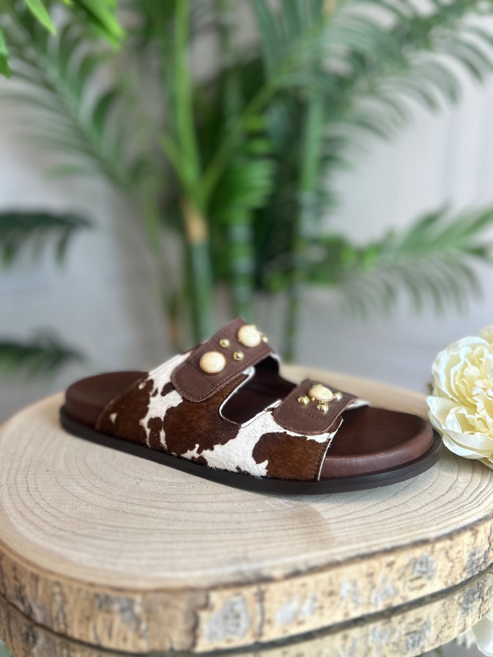 S.Piero White Leather Pony Cow Brown Sandal