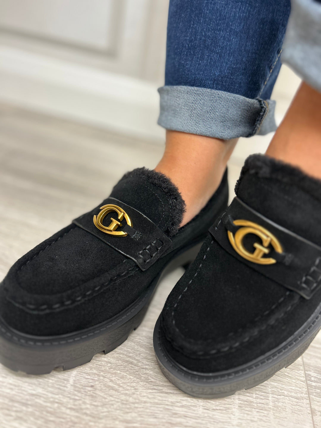 Guess Black Suede Fur Lined Loafer
