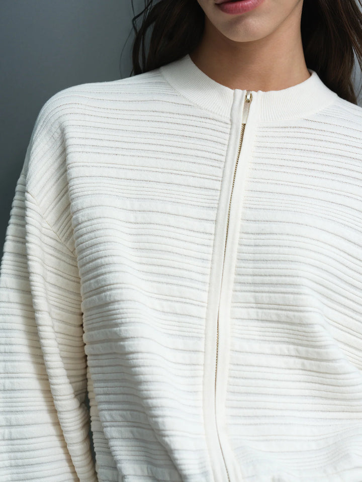 French Connection Mayim Knit Pleated Cardigan Porcelain Cream