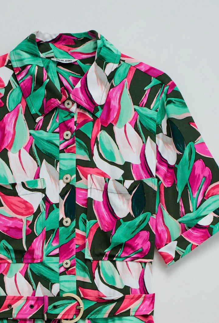 Salsa Vibrant Leaf Print Overalls