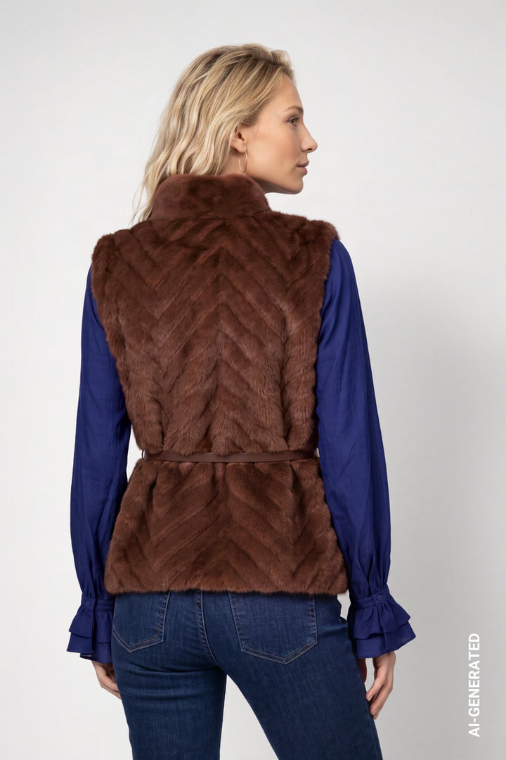 Monari Faux Fur Belted Waist Coat | Dark Tiramisu