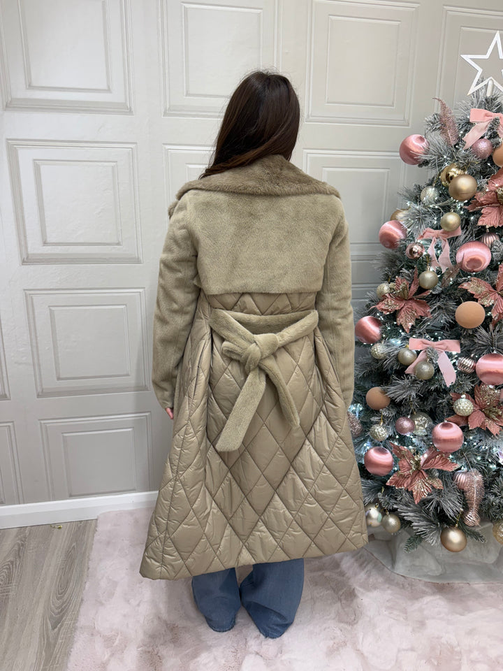 Guess Beige Qulited Long Quilted Faux Fur Coat