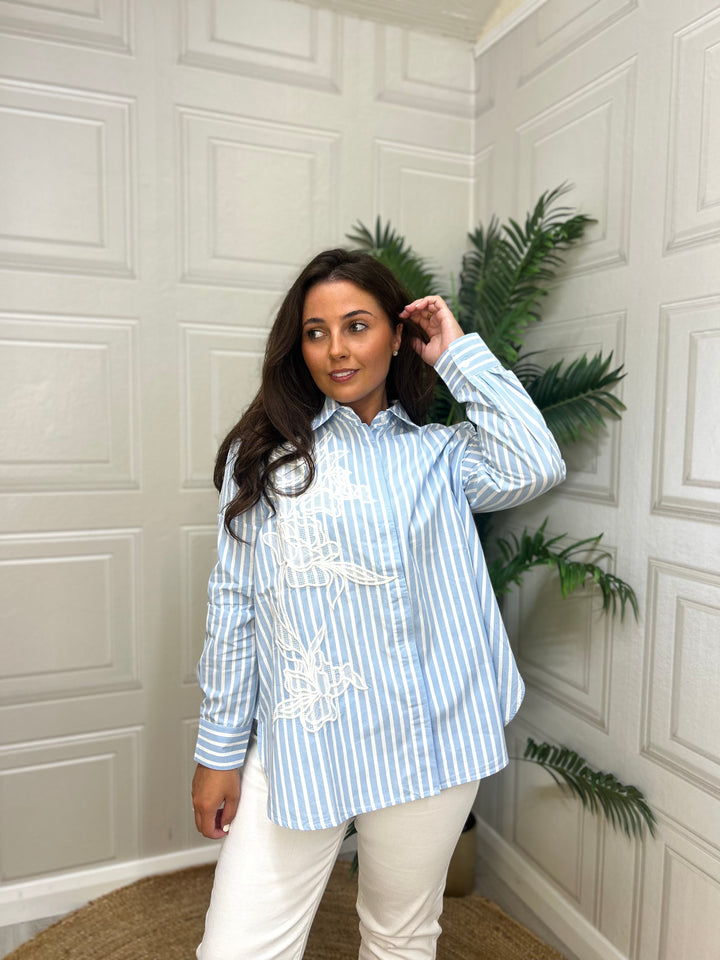 French Connection Cambria Cotton Embroidered Floral Stripe Shirt