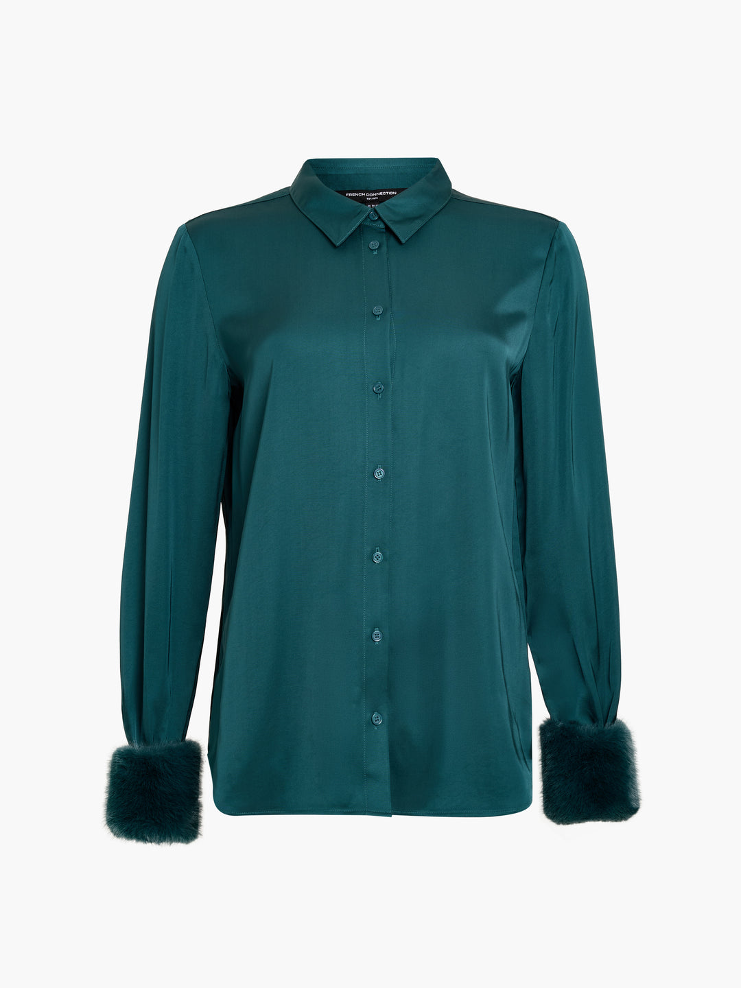 French Connection Hope Satin Faux Fur Trim Shirt