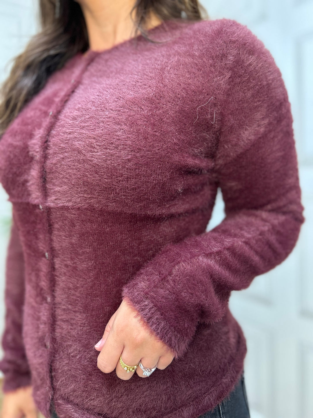 Guess Fuzzy Burgundy Cardigan
