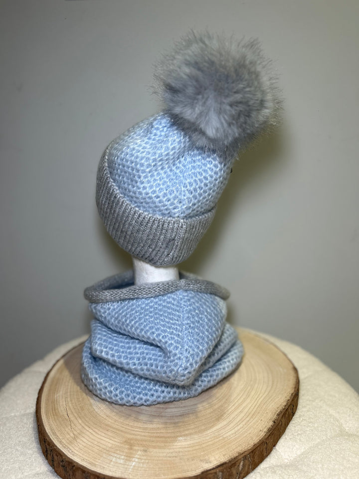 Perfect Powder Blue & Grey Knit Hat and Snood Set
