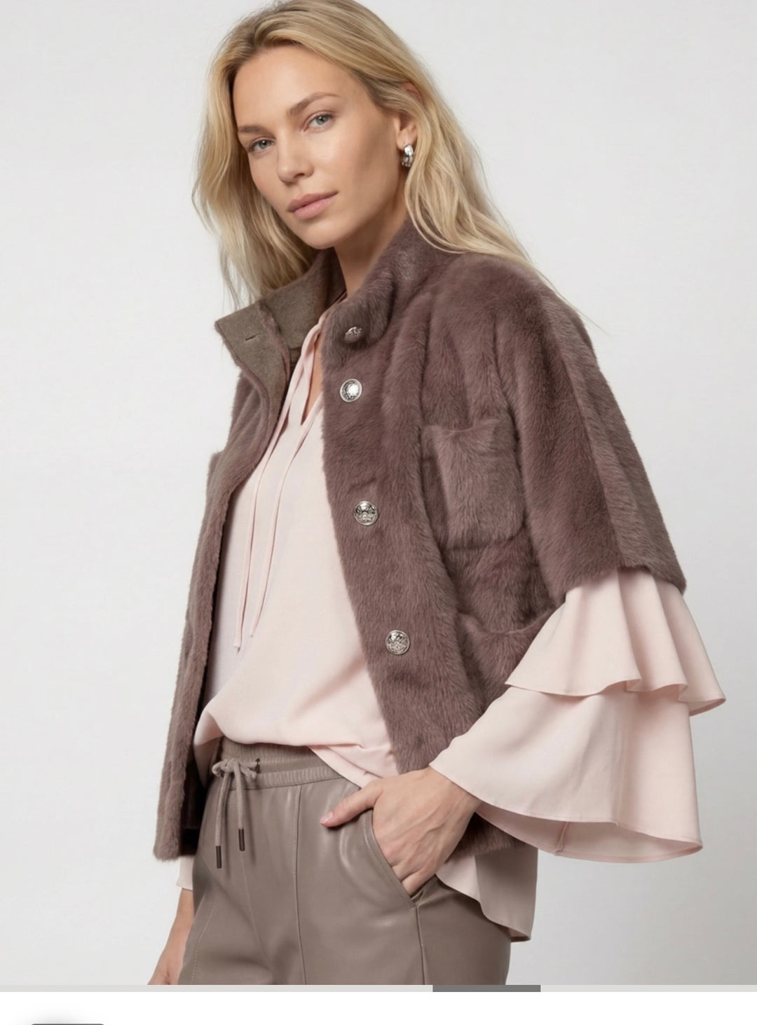 Monari Taupe Faux Fur Cape