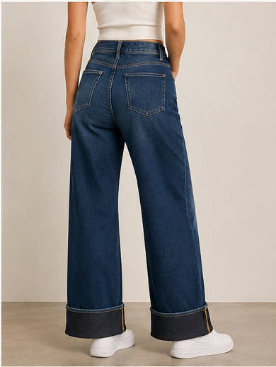 Pinns Indigo Wide Leg Turn Up Jeans | 792CT