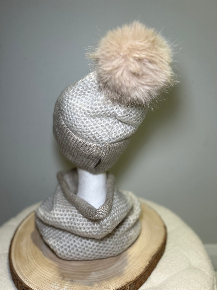 Perfect Cream & Beige Knit Hat and Snood Set
