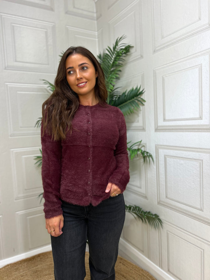 Guess Fuzzy Burgundy Cardigan