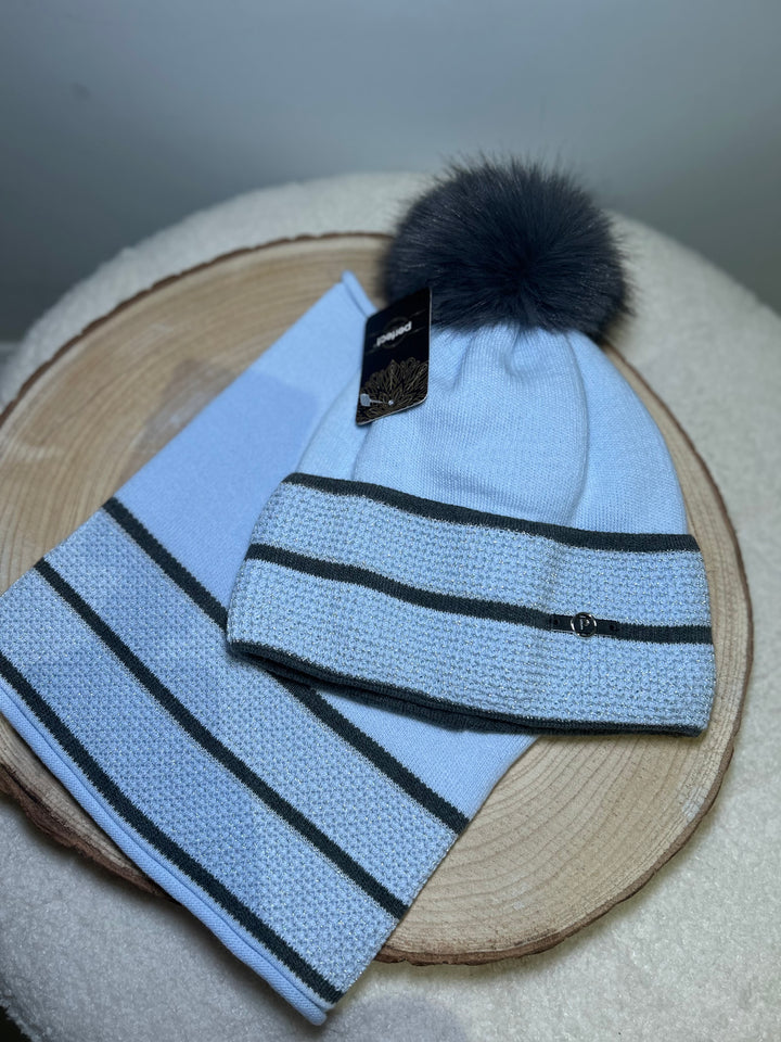 Perfect Hat and Snood Set – Soft Blue & Charcoal Stripes