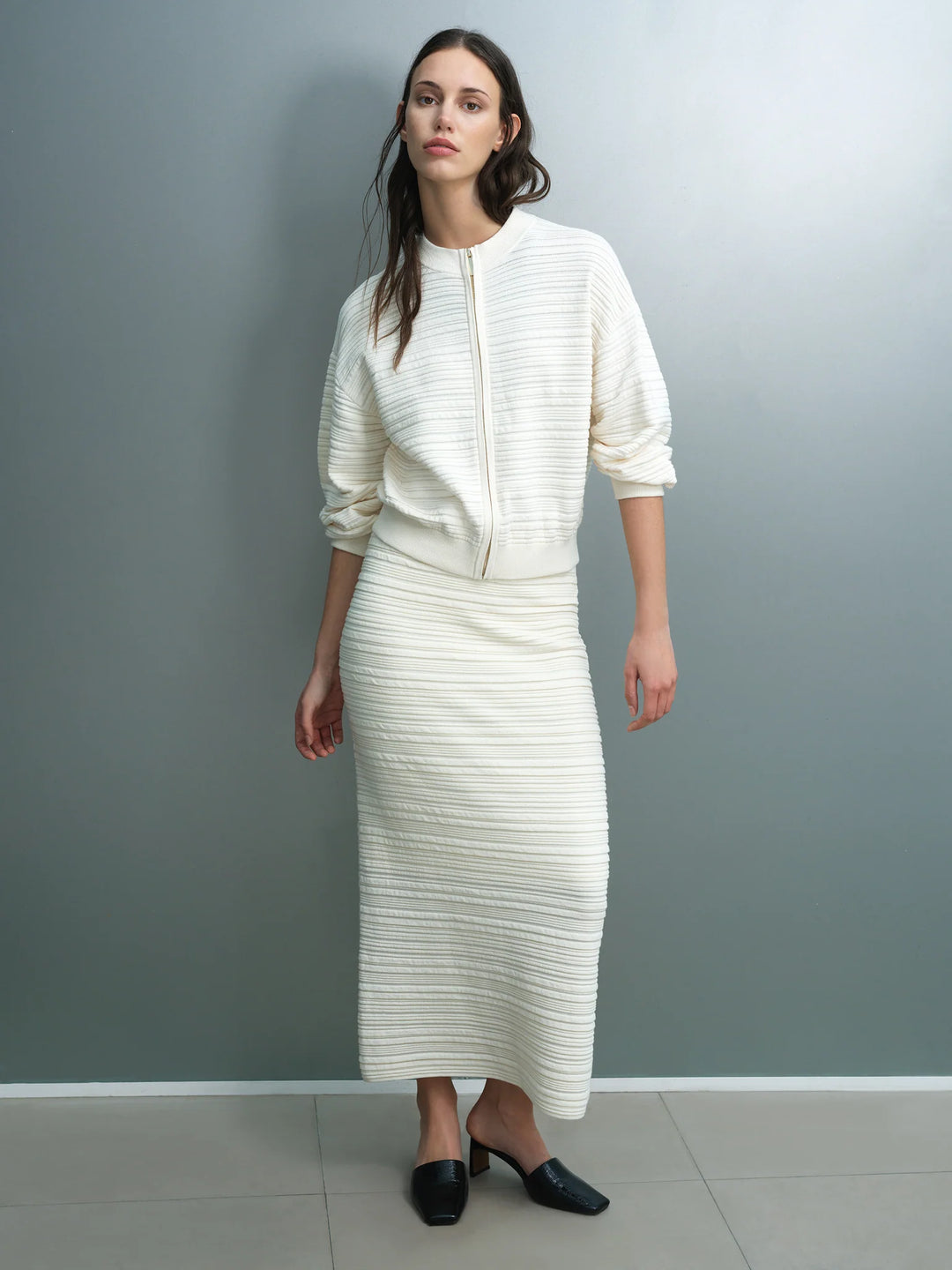 French Connection Mayim Knit Pleated Cardigan Porcelain Cream
