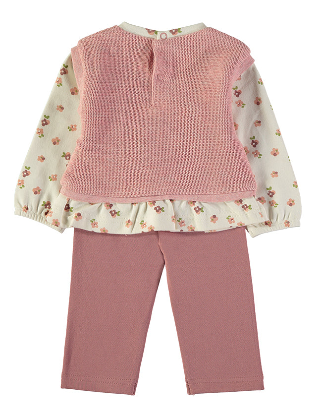 Babybol Faux-Layer Knit Vest Floral Top &amp; Leggings 2-Piece Set | Dusty Pink