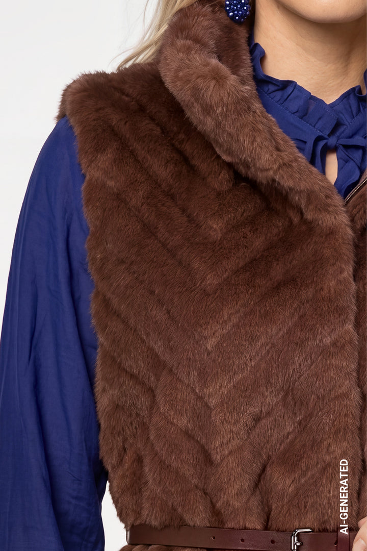Monari Faux Fur Belted Waist Coat | Dark Tiramisu