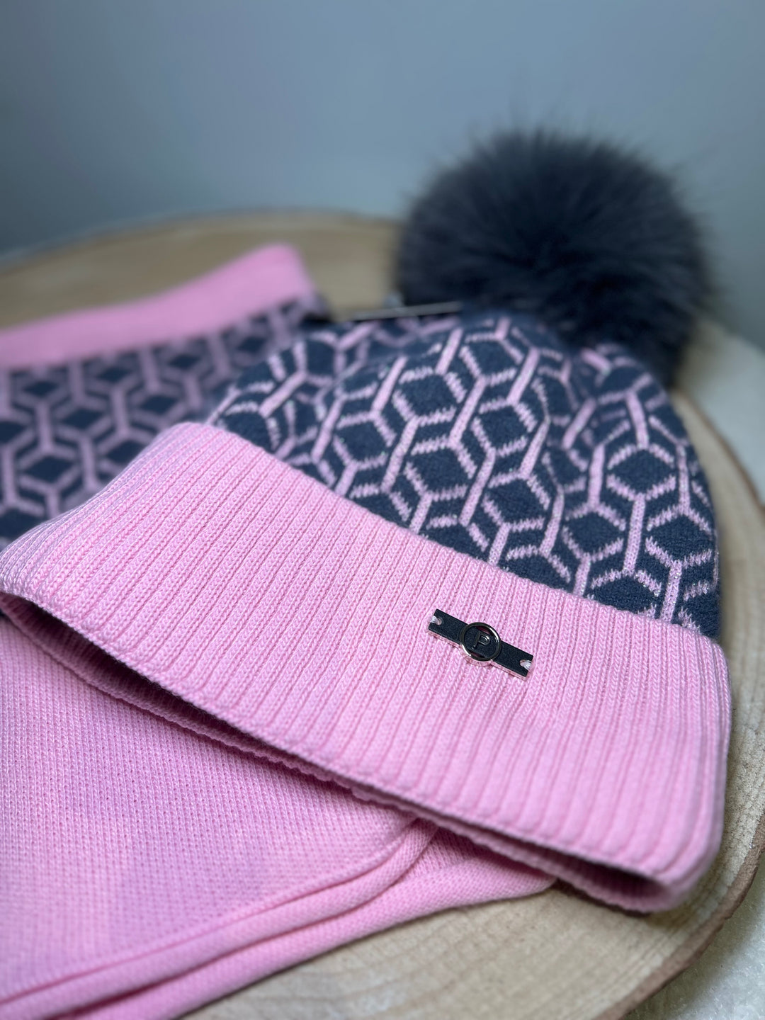 Perfect Hat & Snood Set – Pink & Dark Grey Geometric Design