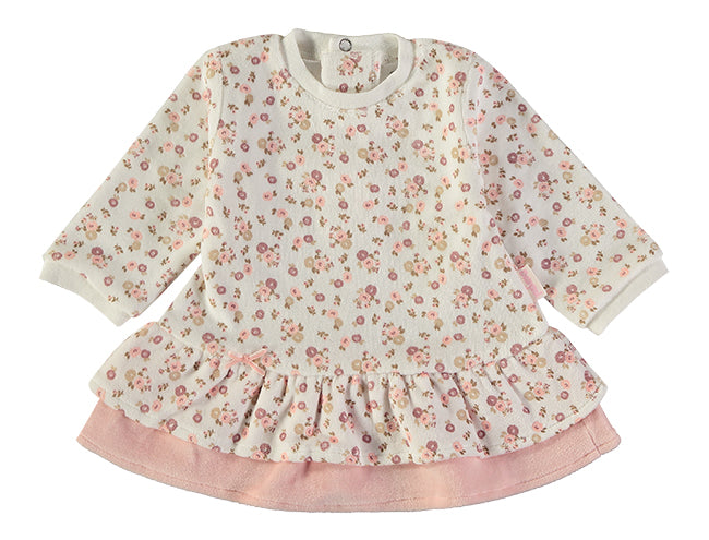 Babybol Baby Girl Long Sleeve Pink Floral Dress with Peplum Hem