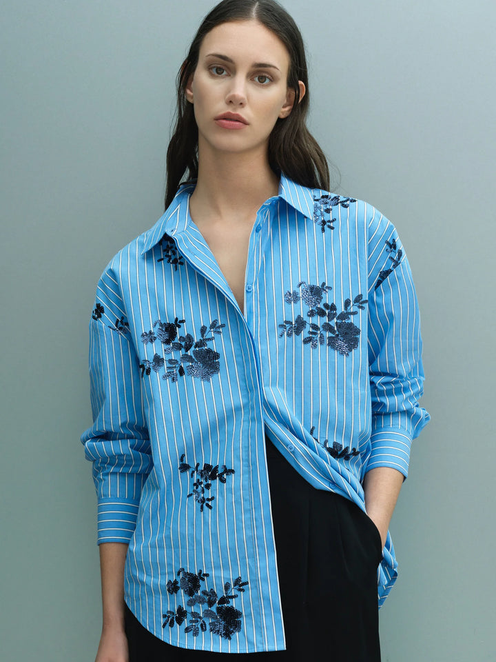 French Connection Cambria Blue Striped Floral Sequin Embroidered Shirt