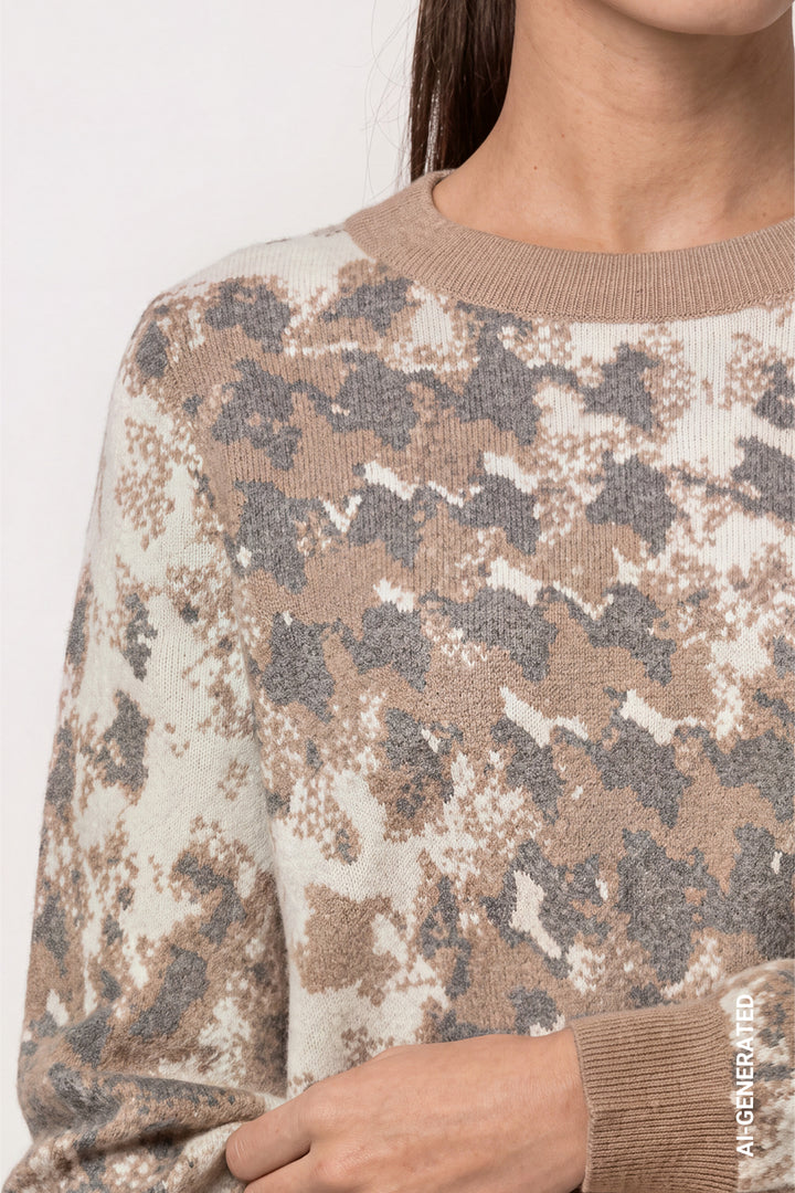 Monari Brown Sugar Houndstooth Jacquard Pattern Knitted Jumper