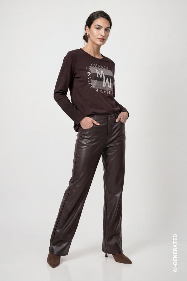 Monari Long Sleeve Black Coffee Top With Decorative Detailing