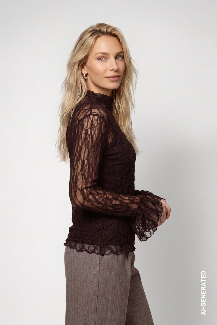 Monari Lace Long Sleeve Top |Dark Brown
