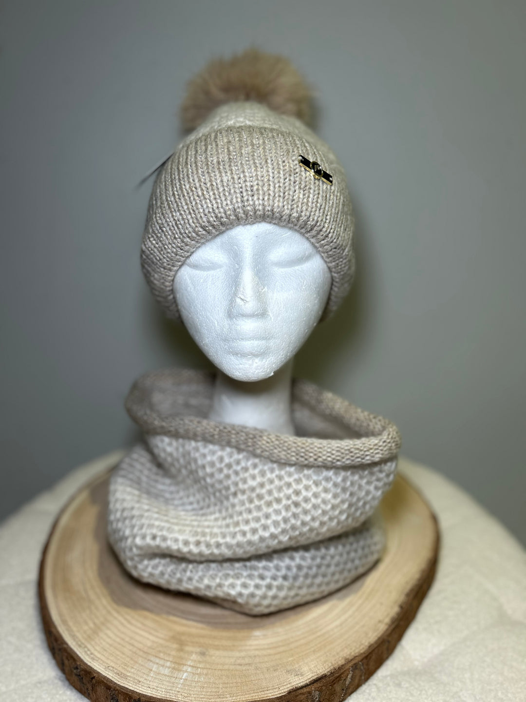 Perfect Cream & Beige Knit Hat and Snood Set